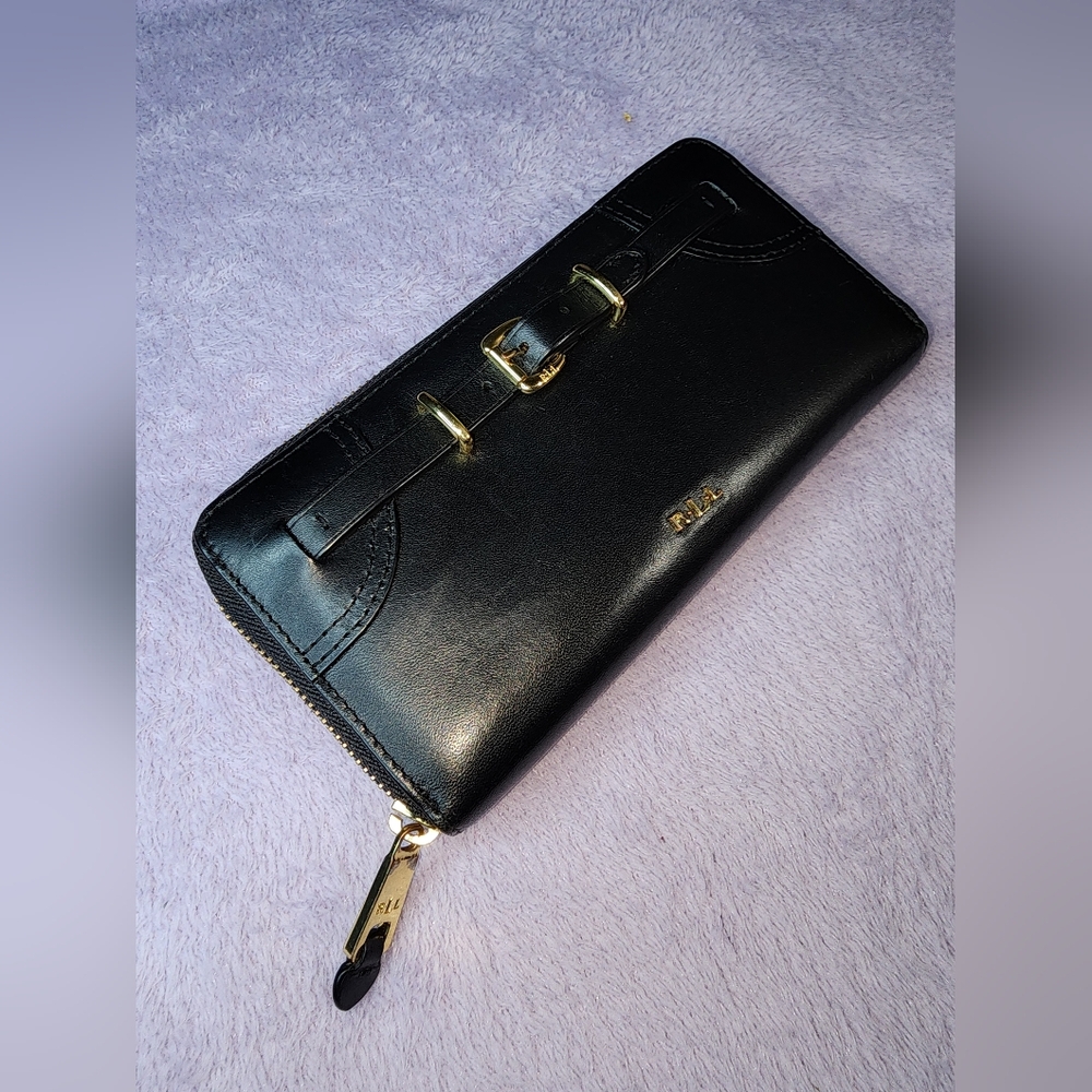 Ralph Lauren Women's Black Buckled Zip Around  Wallet